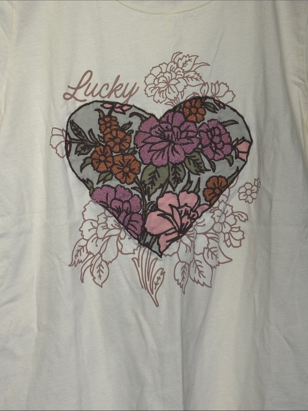 Lucky Brand Cream Short-Sleeve Tee with embroidered floral heart XS and medium - Picture 3 of 4